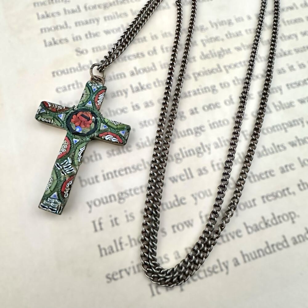 Vintage Italian Micro Mosaic Cross Pendant Necklace Italy Rose Floral 24” - Picture 5 of 7